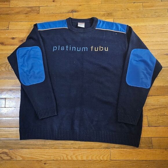 VINTAGE Platinum Fubu Sweater Mens XL Blue Acrylic Hip Hop Y2K Elbow Pads Knit - Picture 1 of 7